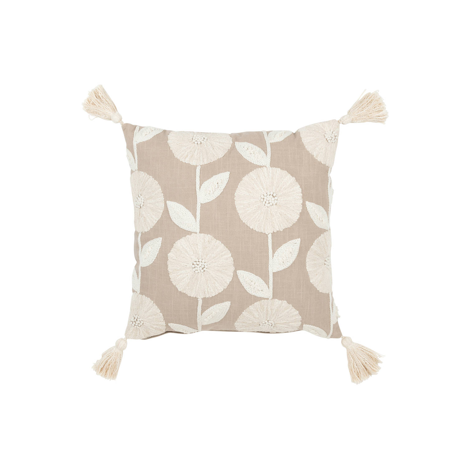 J-line - Kussen Bloemen/bladeren Katoen Taupe/beige - 45x45x15cm