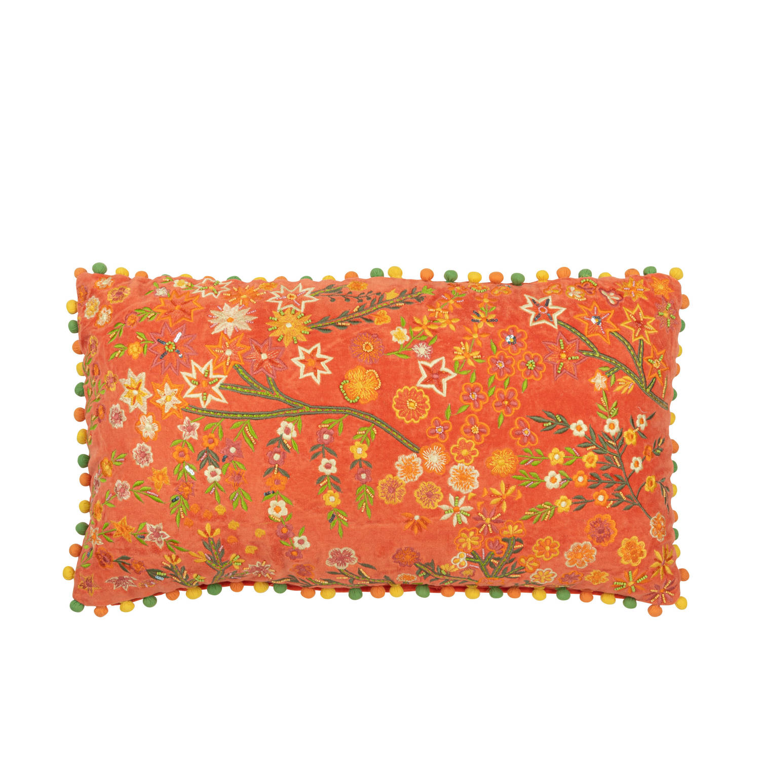 J-line - Kussen Rechthoek Bloemen+pompoms Fluweel Oranje - 65x35x15cm