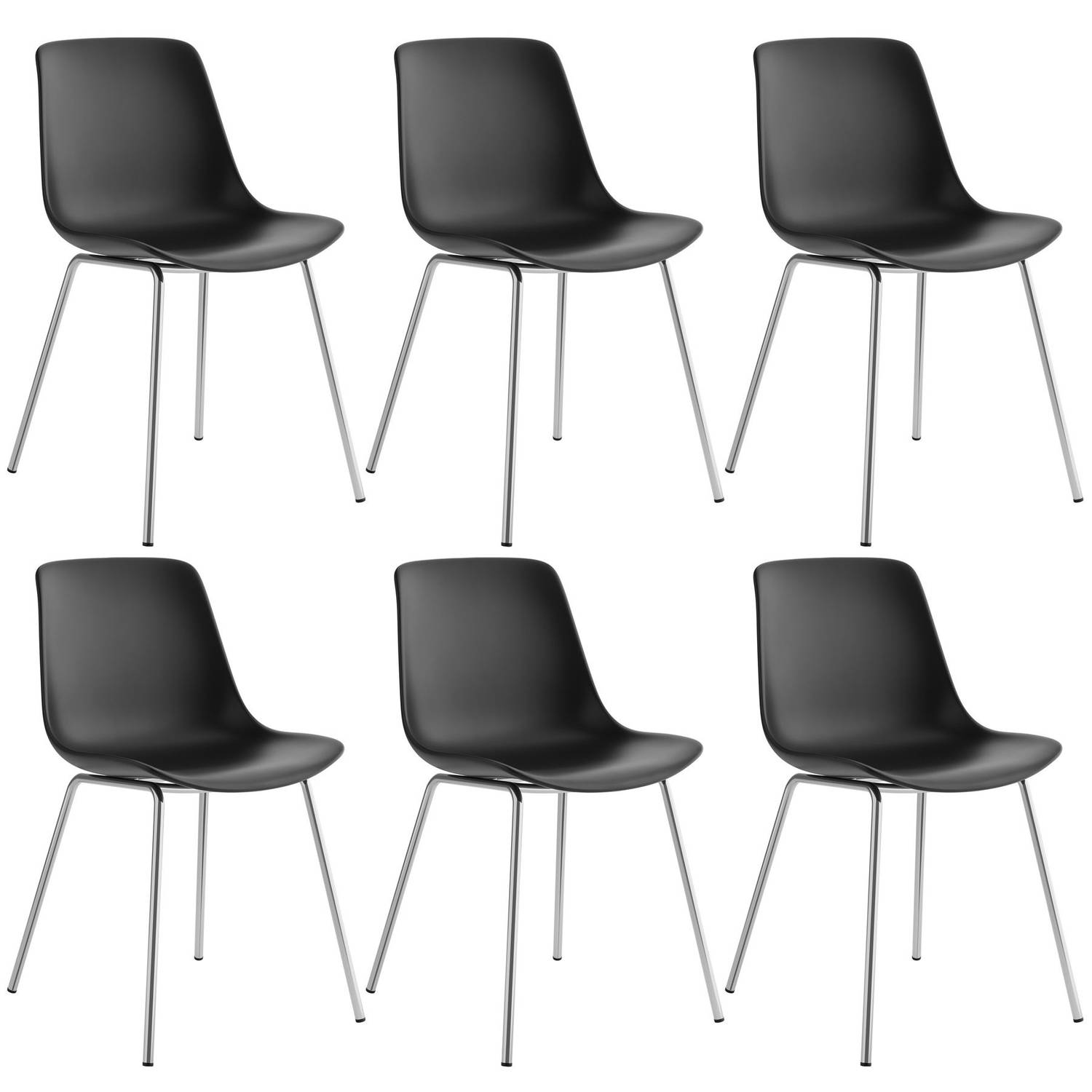 Tectake® Mave Stoelen - Kunststof Eetkamerstoelen in Modern Design - set van 6 - zwart/ chroom