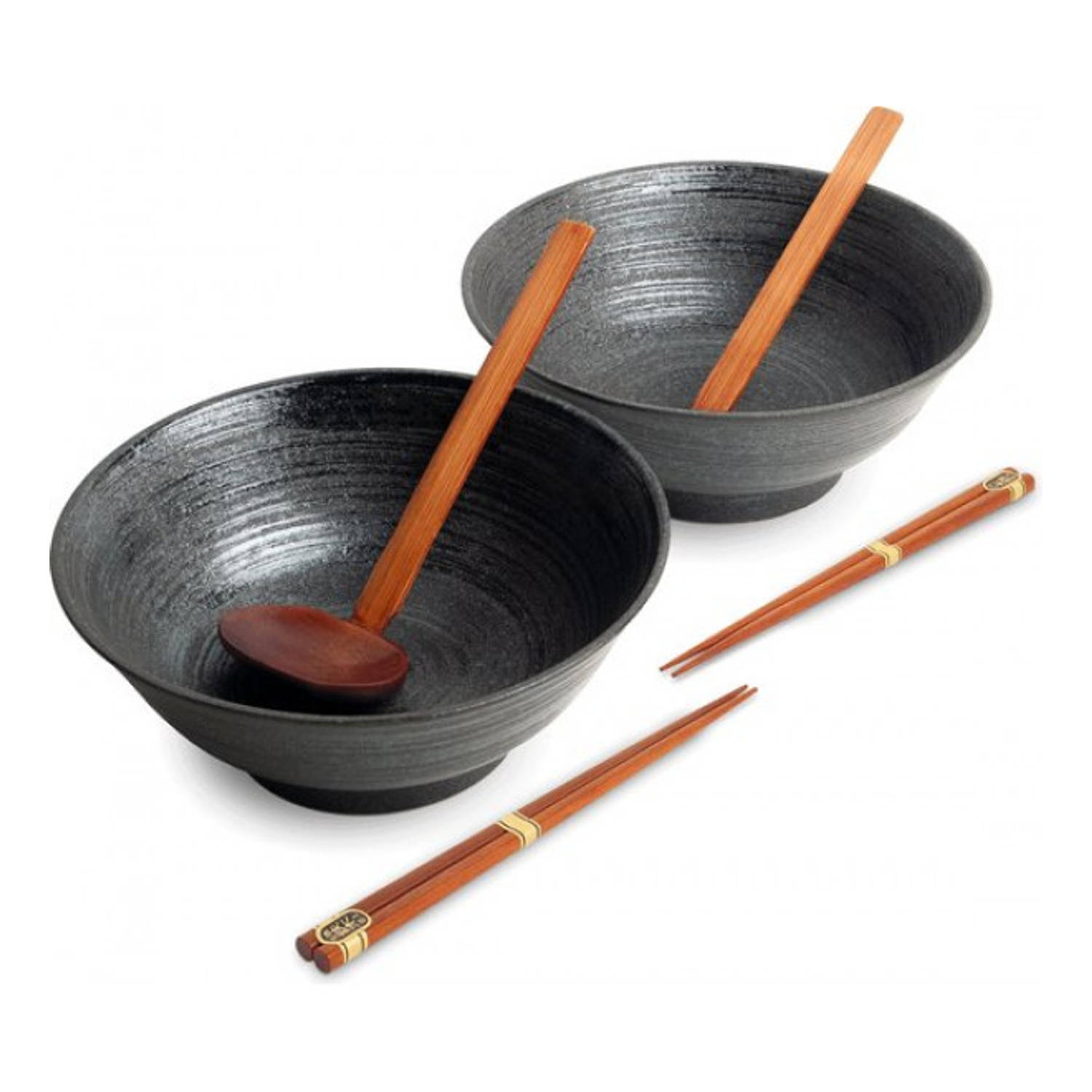 Luxe - Ramenbowlset - Uzu Bruin - 2 Persoons - Ramen bowl set - 6 Delig - Ø22 cm H9 cm - Ramen - Ramen bowl - Noodles - Noodles ramen - Noodle kom - Sushi stokjes - Chopsticks - Ee