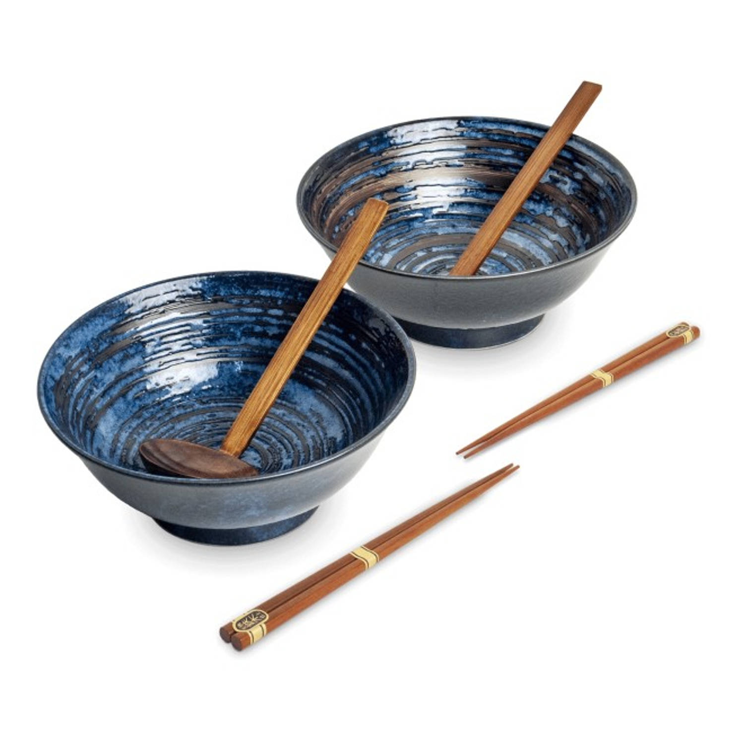 Luxe - Ramenbowlset - Uzu - 2 Persoons - Ramen bowl set - 6 Delig - Ø22 / H9 cm - Ramen - Ramen bowl - Noodles - Noodles ramen - Noodle kom - Pokebowl - Sushi stokjes - Houten Lepe