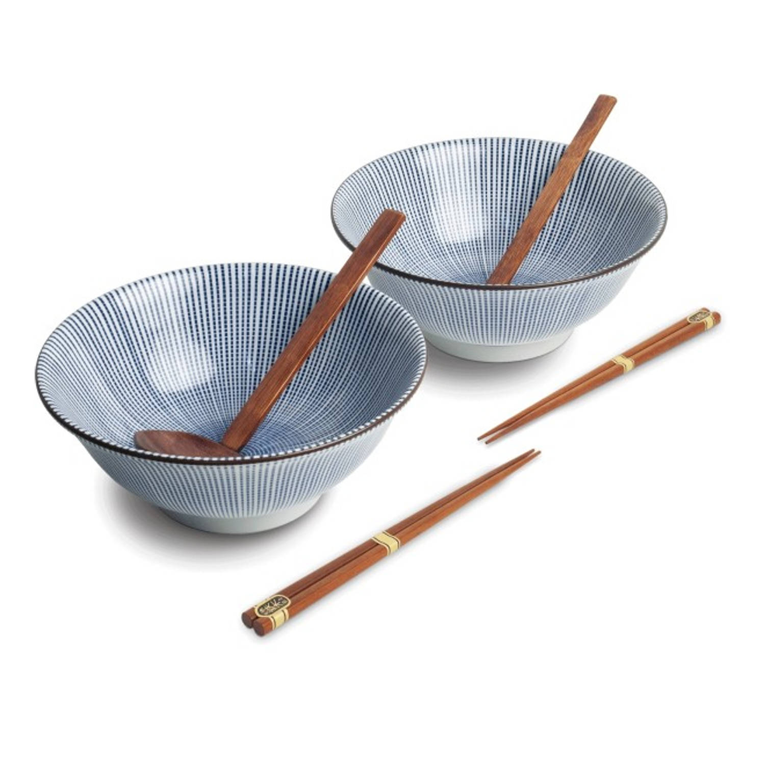 Luxe - Ramenbowlset - Tokusa - 2 Persoons - Compleet set - Ramen bowl set - 6 delig - Blauw - Ø22 cm | H9 cm - Ramen - Ramen bowl - Sushi stokjes - Chopsticks - Eetstokjes - Houten