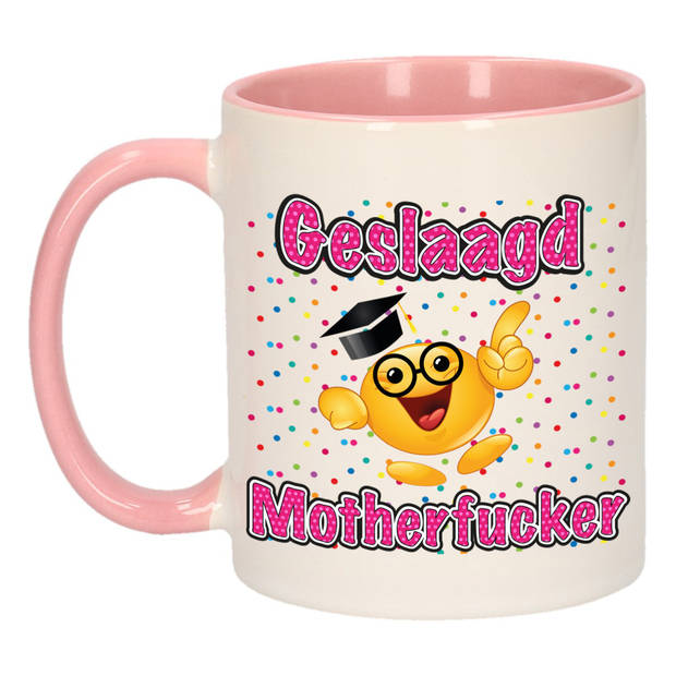 Bellatio Decorations Geslaagd cadeau mok - roze - Geslaagd Motherfucker - Ca. 300 ml - feest mokken