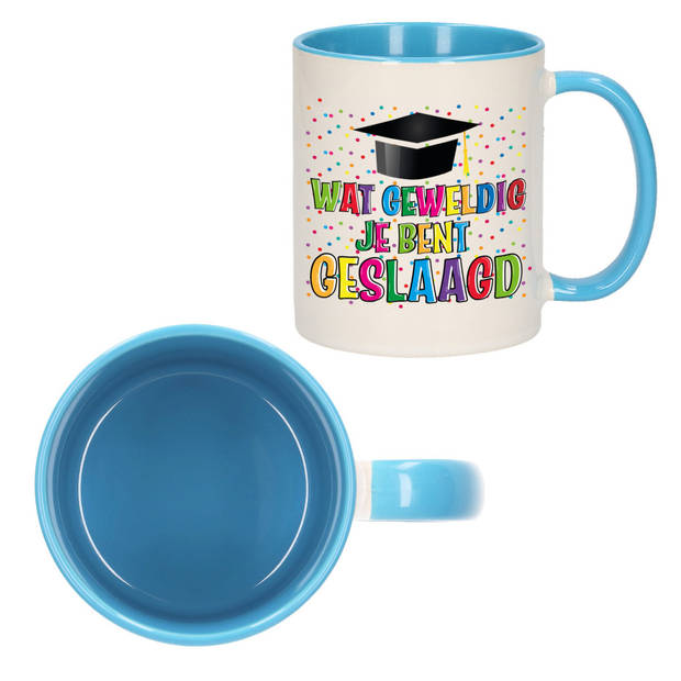 Bellatio Decorations Geslaagd cadeau mok - blauw - Geweldig Geslaagd - Ca. 300 ml - feest mokken