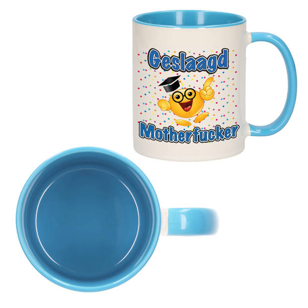 Bellatio Decorations Geslaagd cadeau mok - blauw - Geslaagd Motherfucker - Ca. 300 ml - feest mokken