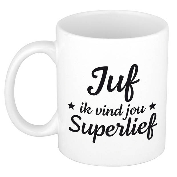 Juf ik vind jou super lief cadeau mok / beker wit 300 ml - Cadeau mokken - feest mokken