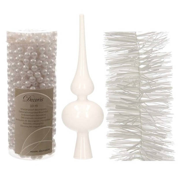 Witte kerstversiering/kerstdecoratie set piek, 1x folielslinger, 1x kralenslinger - Kerstslingers