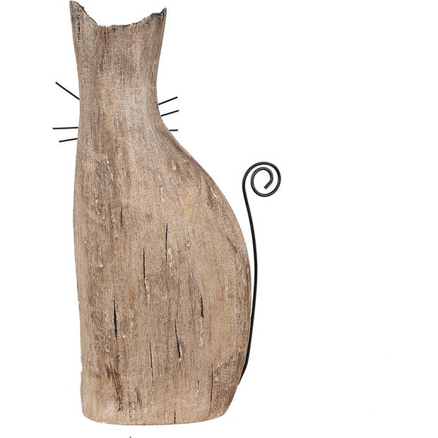 HAES DECO - Decoratie Beeld Kat 26 cm Bruin Hout IJzer