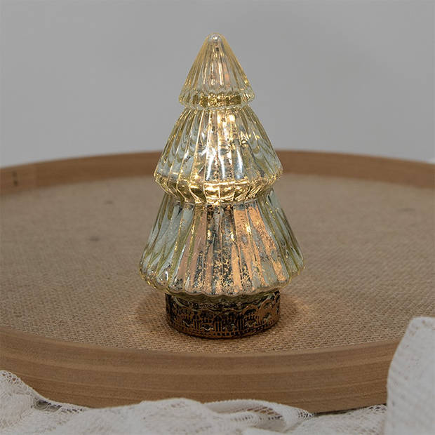 HAES DECO - Kerstdecoratie met LED-verlichting Kerstboom Ø 8x14 cm Goudkleurig Glas