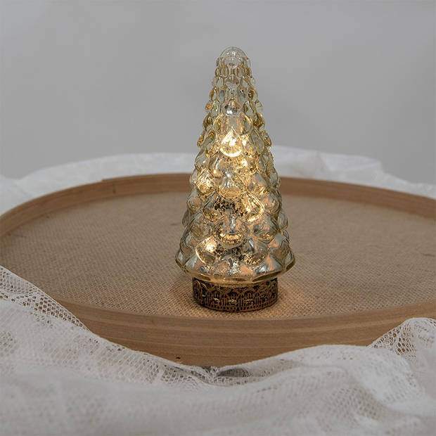 HAES DECO - Kerstdecoratie met LED-verlichting Kerstboom Ø 8x16 cm Goudkleurig Glas