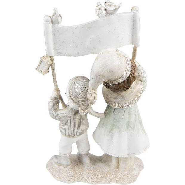 HAES DECO - Beeld Kinderen 23 cm Beige Kunststof Happy Christmas Kerstdecoratie Beeld decoratie Decoratieve Accessoires