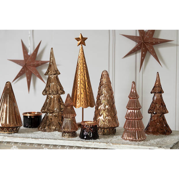 HAES DECO - Kerstdecoratie met LED-verlichting Kerstboom Ø 14x33 cm Goudkleurig Bruin Kunststof