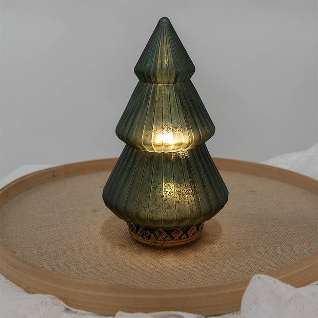 HAES DECO - Kerstdecoratie met LED-verlichting Kerstboom Ø 13x23 cm Groen Glas