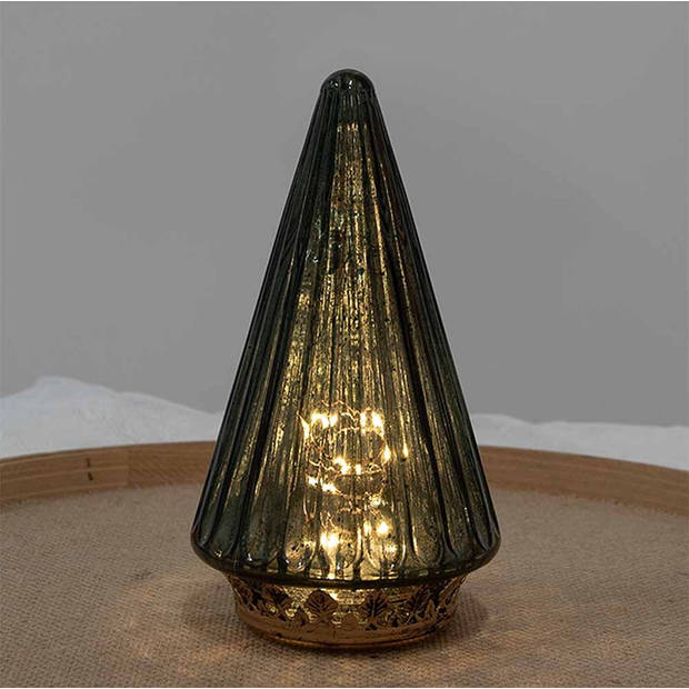 HAES DECO - Kerstdecoratie met LED-verlichting Kerstboom Ø 11x19 cm Groen Glas