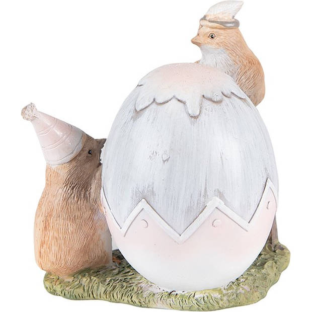 HAES DECO - Beeld Kuikentje 12 cm Grijs Bruin Kunststof Happy Easter Woonaccessoires Paashaas Pasen