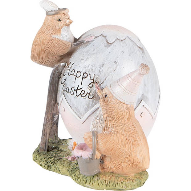 HAES DECO - Beeld Kuikentje 12 cm Grijs Bruin Kunststof Happy Easter Woonaccessoires Paashaas Pasen