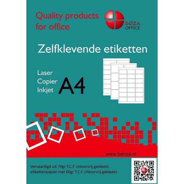 Benza Zelfklevende Etiketten op A4 Vel - 63,5 x 38,1 mm - 21 stickers per vel - 1000 vel