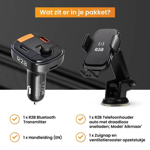 R2B Telefoonhouders Auto Zuignap met Draadloze Oplader + Bluetooth FM Transmitter / Autolader - Voor Raam en Ventilatie