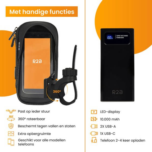 R2B Robuuste Telefoonhouder Fiets Waterdicht + Powerbank 10.000 mAh - 2 tot 4 keer opladen - Gsm Houder Fiets