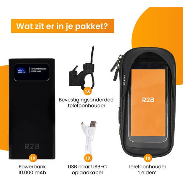 R2B Robuuste Telefoonhouder Fiets Waterdicht + Powerbank 10.000 mAh - 2 tot 4 keer opladen - Gsm Houder Fiets