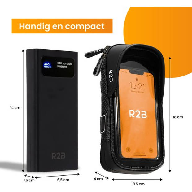 R2B Robuuste Telefoonhouder Fiets Waterdicht + Powerbank 10.000 mAh - 2 tot 4 keer opladen - Gsm Houder Fiets