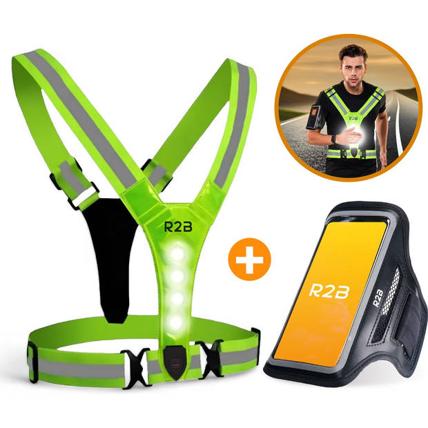 R2B Waterdichte Hardloop Telefoonhouder t/m 6.5 inch + Hardloopvest met Verlichting Oplaadbaar - Hardloop Verlichting