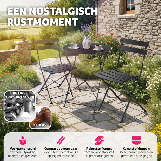 tectake® - Inklapbare bistroset voor 2 personen met stalen frame - zwart