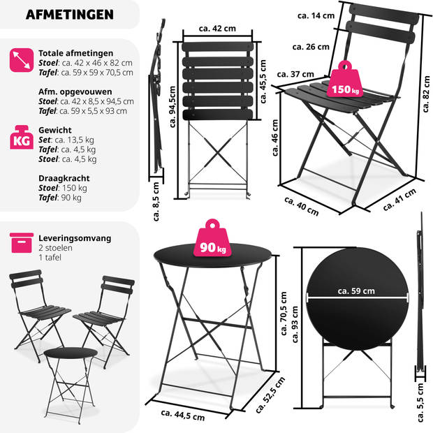 tectake® - Inklapbare bistroset voor 2 personen met stalen frame - zwart