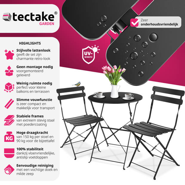 tectake® - Inklapbare bistroset voor 2 personen met stalen frame - zwart