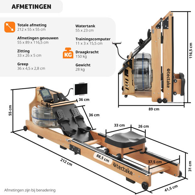 tectake® - Roeimachine - Houten roeimachine - Opvouwbare roeimachine - tot 150 kg