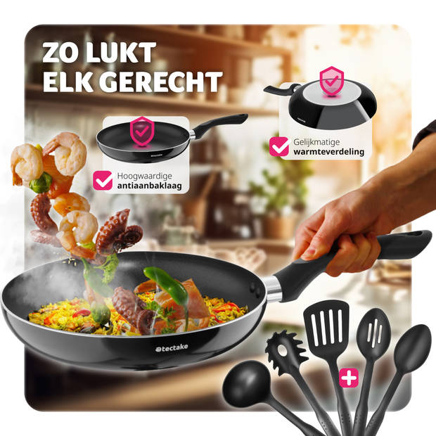 tectake® pannenset 15-delig - aluminium met glazen deksels - incl keukengerei- zwart