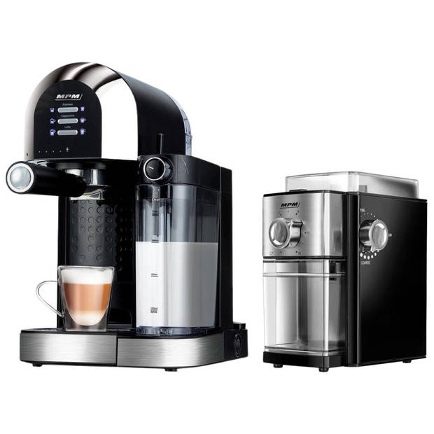 MPM Espressomachine / Koffiemachine met Elektrische Koffiemolen en Ingebouwde Melkopschuimer - 6 soorten Koffie - 15 Bar