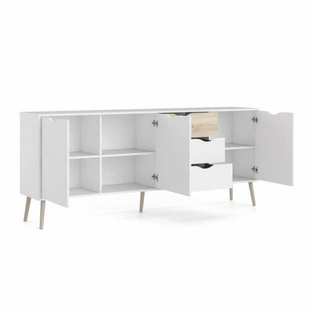 Dressoir - Wit/Eiken - 3 deuren / 3 laden - Uitlopende massief houten basis - 195,7 x 39,1 x 81,7 cm - TVILUM