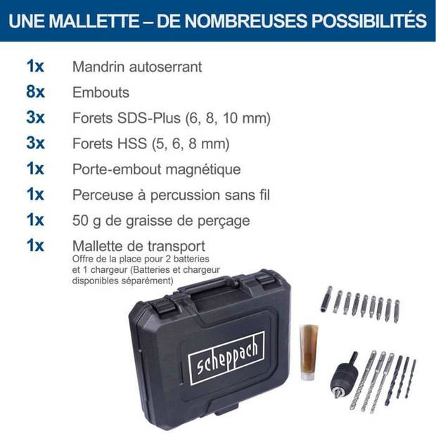 Boormachine - SCHEPPACH - 20V IXES - 1.3 J - SDS plus boorkop + toebehoren en koffer - zonder accu of lader - C-RHD130-X