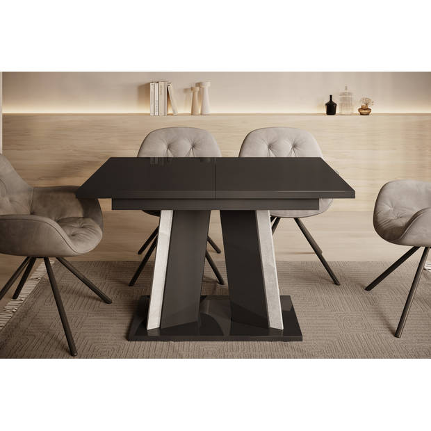 Meubella Eetkamertafel Delilah - Hoogglans zwart - Betonlook - 160 cm - Uitschuifbaar