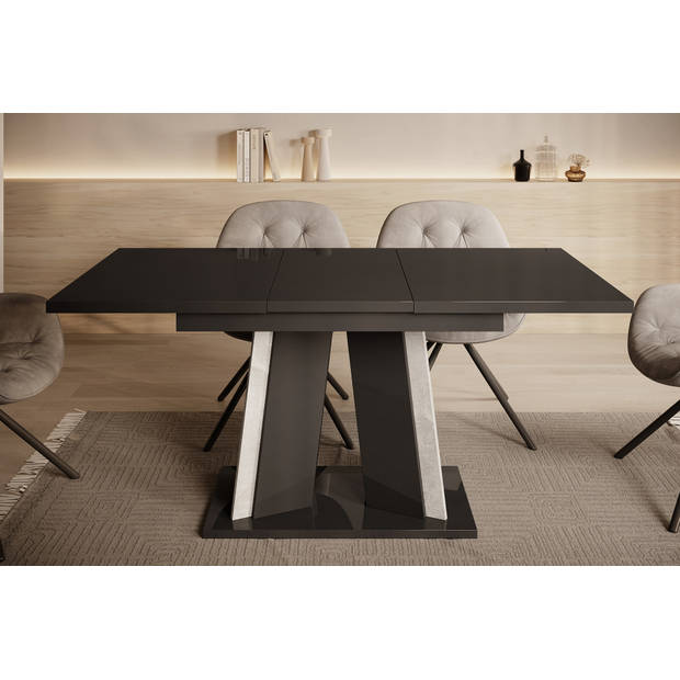 Meubella Eetkamertafel Delilah - Hoogglans zwart - Betonlook - 160 cm - Uitschuifbaar