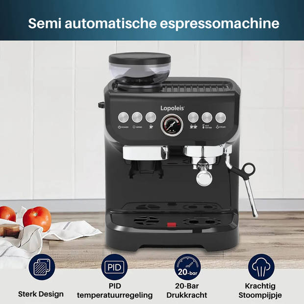 Dooki Lopoleis Barista Espressomachine, Pistonmachine met Koffiemolen, Zwart