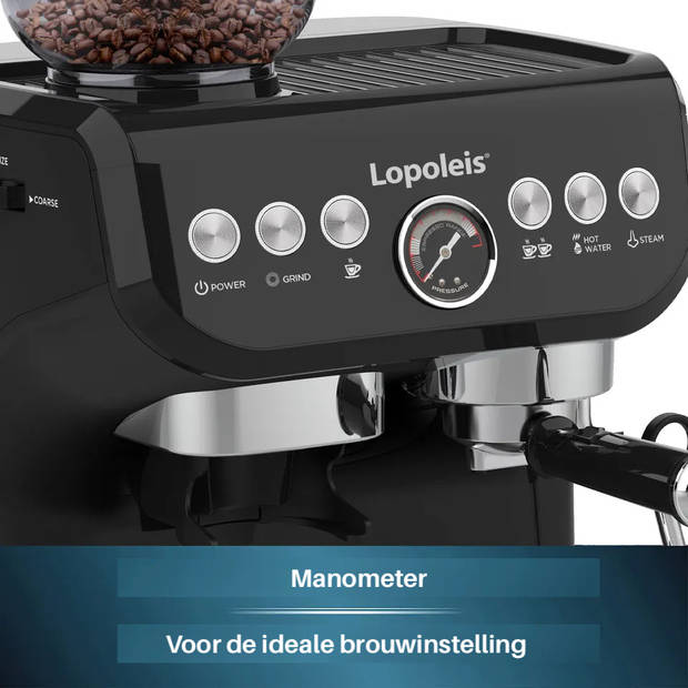 Dooki Lopoleis Barista Espressomachine, Pistonmachine met Koffiemolen, Zwart