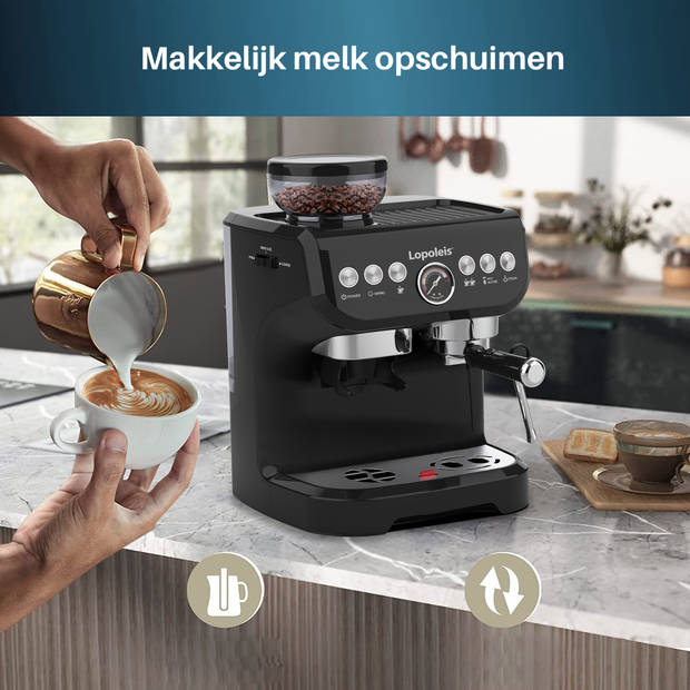 Dooki® Barista Espressomachine, Pistonmachine met Koffiemolen, Zwart