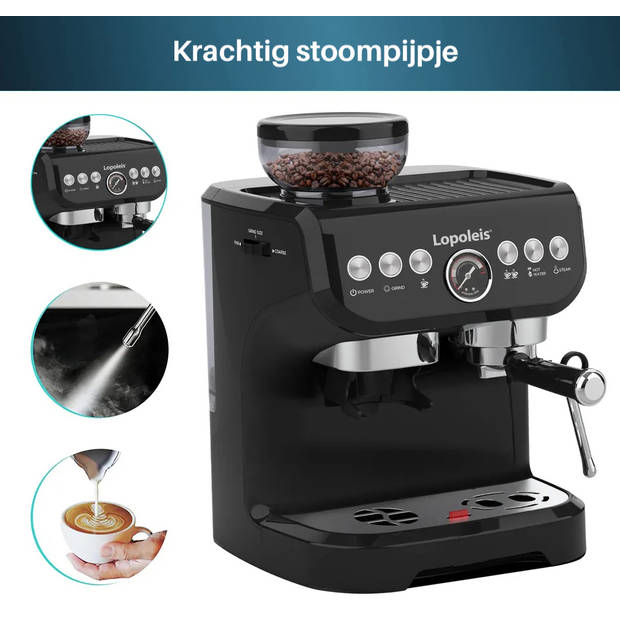 Dooki Lopoleis Barista Espressomachine, Pistonmachine met Koffiemolen, Zwart