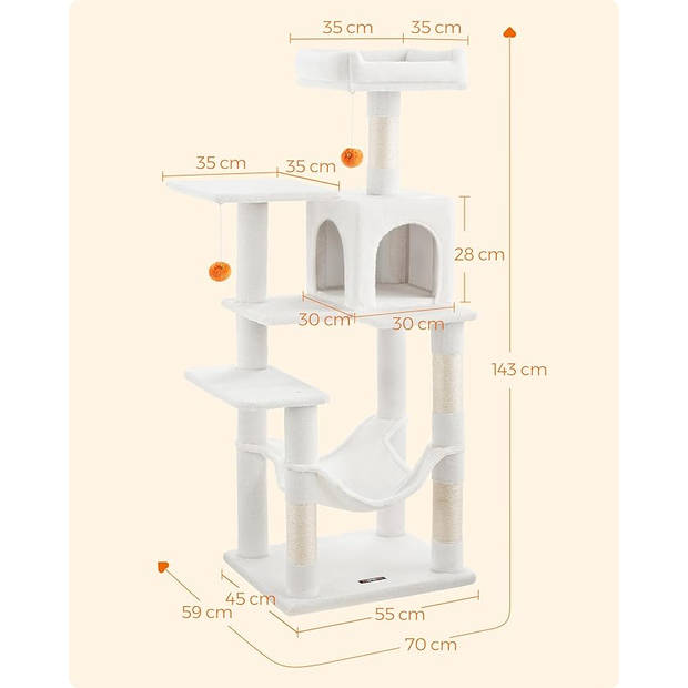 ACAZA Krabpaal voor meerdere Katten - Kat Condo met Hangmat - Kattenpaal - 143 cm - Wit