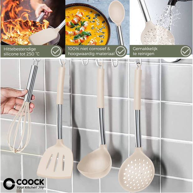 COOCK Keukengerei Set met Houder XL - Kookgerei Set 17 delig - Siliconen - Ophangbaar - Beige