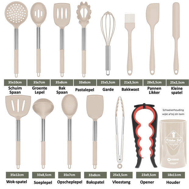 COOCK Keukengerei Set met Houder XL - Kookgerei Set 17 delig - Siliconen - Ophangbaar - Beige