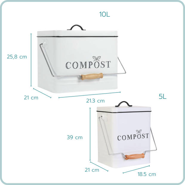 Nordix Compostbak met Deksel Set van 2 GFT Afvalbakje Aanrecht Keuken Prullenbak Afvalscheiding 5L 10L