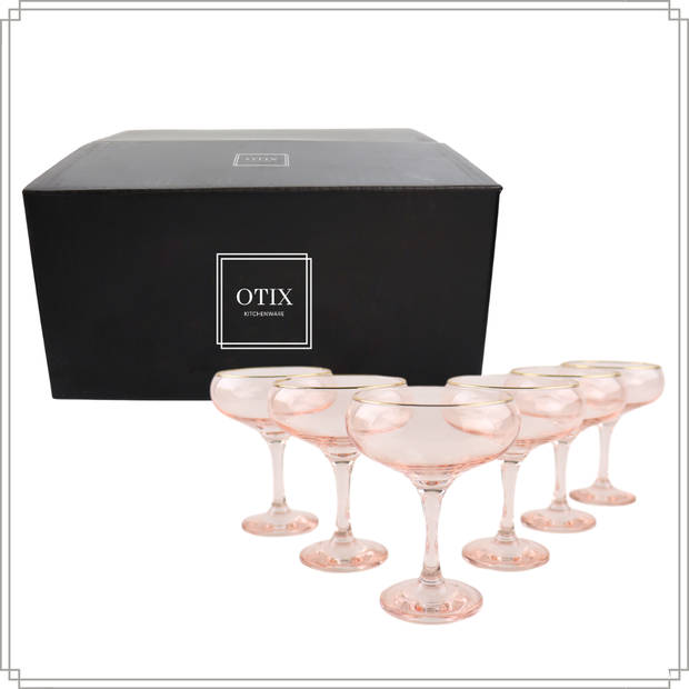 OTIX Champagnecoupe Glazen - Set van 6 - Roze - Champagneglazen - met Gouden Randje - 270ml