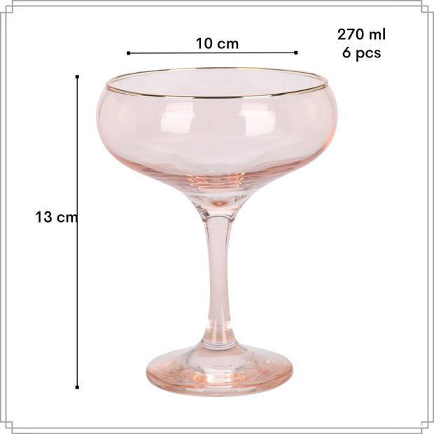 OTIX Champagnecoupe Glazen - Set van 6 - Roze - Champagneglazen - met Gouden Randje - 270ml