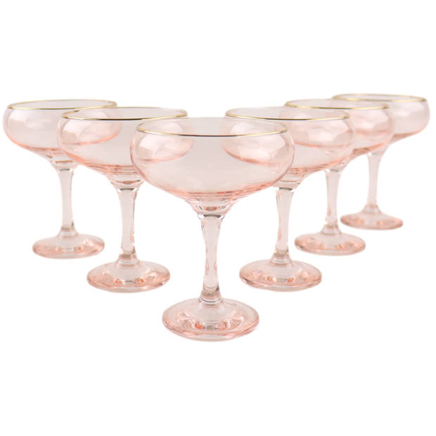 OTIX Champagnecoupe Glazen - Set van 6 - Roze - Champagneglazen - met Gouden Randje - 270ml