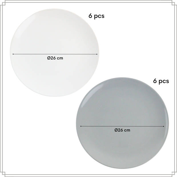 OTIX Dinerborden - Bordenset - 12 persoons - Wit - Grijs - 26cm - Aardewerk - POPLAR en ALDER