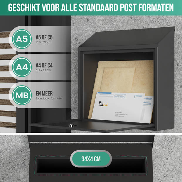 Avalo Brievenbus Zwart RVS - Wandbrievenbus - Incl. Montagemateriaal & 2 Sleutels