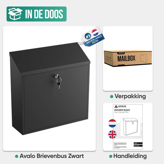 Avalo Brievenbus Zwart RVS - Wandbrievenbus - Incl. Montagemateriaal & 2 Sleutels